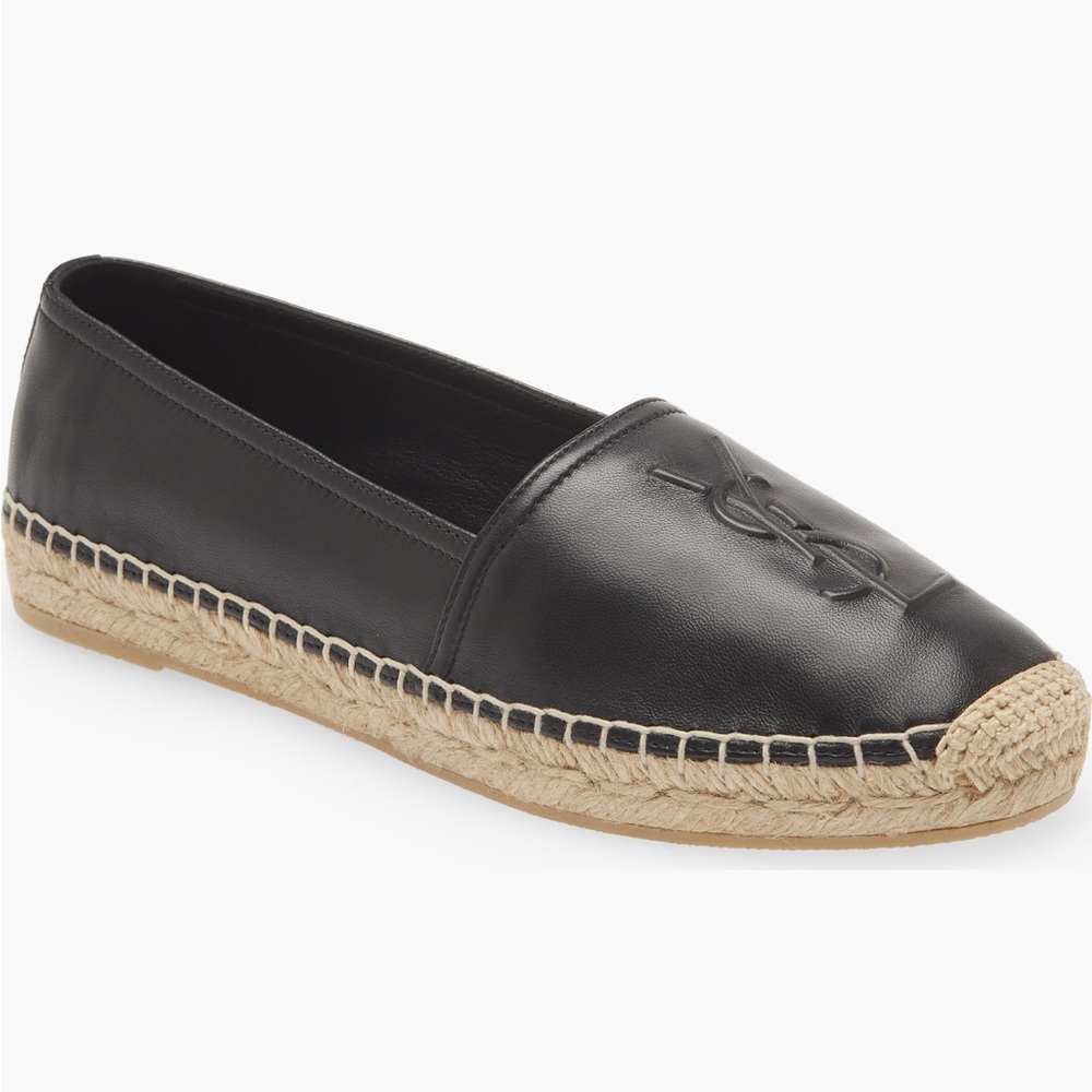 Saint Laurent Black Leather Espadrille Flats with Natural Jute Sole